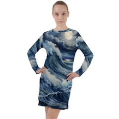 Waves Storm Sea Moon Landscape Long Sleeve Hoodie Dress by Bedest