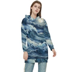 Waves Storm Sea Moon Landscape Women s Long Oversized Pullover Hoodie by Bedest