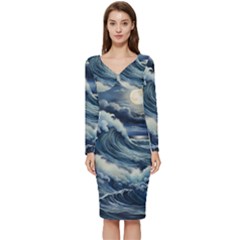 Waves Storm Sea Moon Landscape Long Sleeve V-neck Bodycon Dress  by Bedest