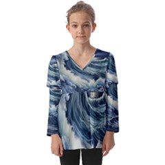 Waves Storm Sea Moon Landscape Kids  V Neck Casual Top by Bedest