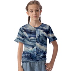 Waves Storm Sea Moon Landscape Kids  Cuff Sleeve Scrunch Bottom T-shirt