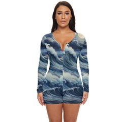 Waves Storm Sea Moon Landscape Long Sleeve Boyleg Swimsuit by Bedest