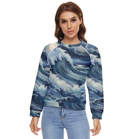 Waves Storm Sea Moon Landscape Women s Long Sleeve Raglan T-shirt by Bedest