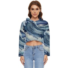 Waves Storm Sea Moon Landscape Women s Lightweight Cropped Hoodie by Bedest