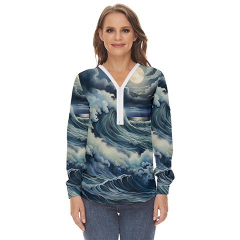 Waves Storm Sea Moon Landscape Zip Up Long Sleeve Blouse by Bedest