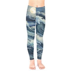 Waves Storm Sea Moon Landscape Kids  Classic Winter Leggings by Bedest