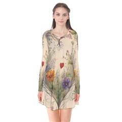 Heart Flowers Plant Long Sleeve V-neck Flare Dress by Bedest