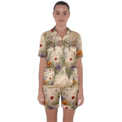 Heart Flowers Plant Satin Short Sleeve Pajamas Set by Bedest