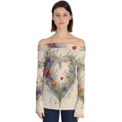 Heart Flowers Plant Off Shoulder Long Sleeve Top by Bedest