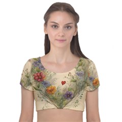 Heart Flowers Plant Velvet Short Sleeve Crop Top  by Bedest