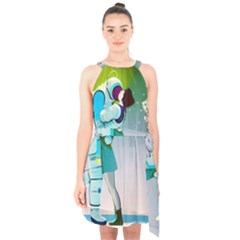 Astronaut Cat Retro Cute Alien Halter Collar Waist Tie Chiffon Dress by Bedest