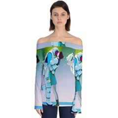 Astronaut Cat Retro Cute Alien Off Shoulder Long Sleeve Top by Bedest