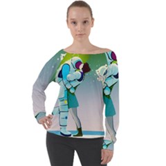 Astronaut Cat Retro Cute Alien Off Shoulder Long Sleeve Velour Top by Bedest