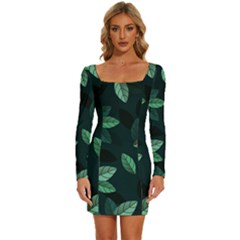 Foliage Long Sleeve Square Neck Bodycon Velvet Dress