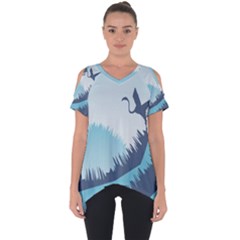 Swan Flying Bird Wings Waves Grass Cut Out Side Drop T-shirt by Bedest