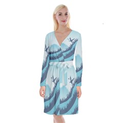 Swan Flying Bird Wings Waves Grass Long Sleeve Velvet Front Wrap Dress by Bedest