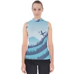 Swan Flying Bird Wings Waves Grass Mock Neck Shell Top by Bedest