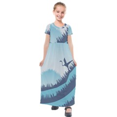 Swan Flying Bird Wings Waves Grass Kids  Short Sleeve Maxi Dress by Bedest