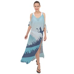 Swan Flying Bird Wings Waves Grass Maxi Chiffon Cover Up Dress by Bedest