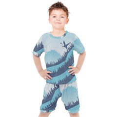 Swan Flying Bird Wings Waves Grass Kids  T-shirt And Shorts Set by Bedest