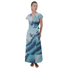 Swan Flying Bird Wings Waves Grass Flutter Sleeve Maxi Dress by Bedest