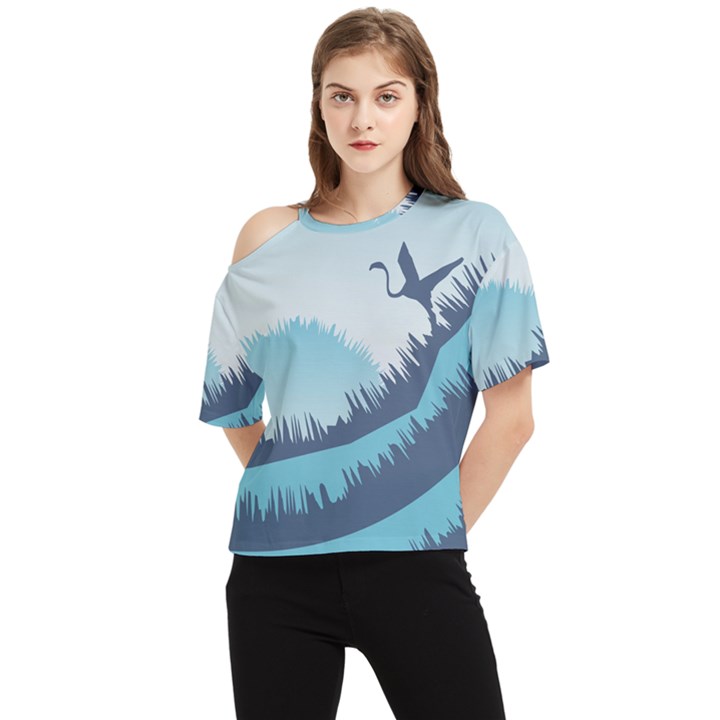 Swan Flying Bird Wings Waves Grass One Shoulder Cut Out T-Shirt