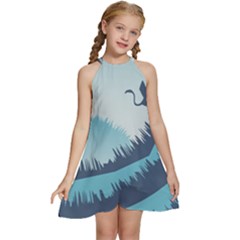 Swan Flying Bird Wings Waves Grass Kids  Halter Collar Waist Tie Chiffon Dress by Bedest