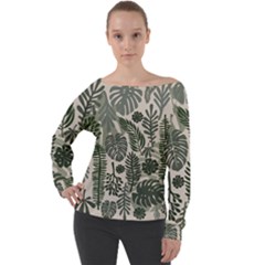 Plants Leaves Boho Botany Foliage Off Shoulder Long Sleeve Velour Top by Bedest