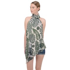 Plants Leaves Boho Botany Foliage Halter Asymmetric Satin Top by Bedest