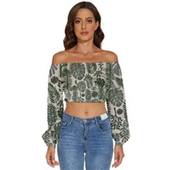 Plants Leaves Boho Botany Foliage Long Sleeve Crinkled Weave Crop Top by Bedest