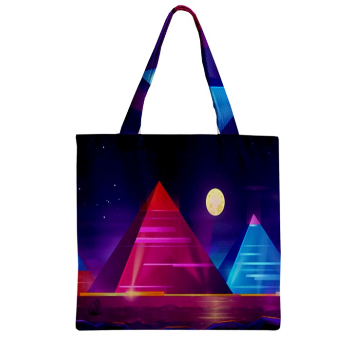 Egyptian Pyramids Night Landscape Cartoon Zipper Grocery Tote Bag