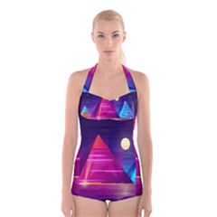 Egyptian Pyramids Night Landscape Cartoon Boyleg Halter Swimsuit  by Ndabl3x