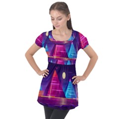 Egyptian Pyramids Night Landscape Cartoon Puff Sleeve Tunic Top by Ndabl3x