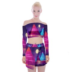 Egyptian Pyramids Night Landscape Cartoon Off Shoulder Top With Mini Skirt Set by Ndabl3x