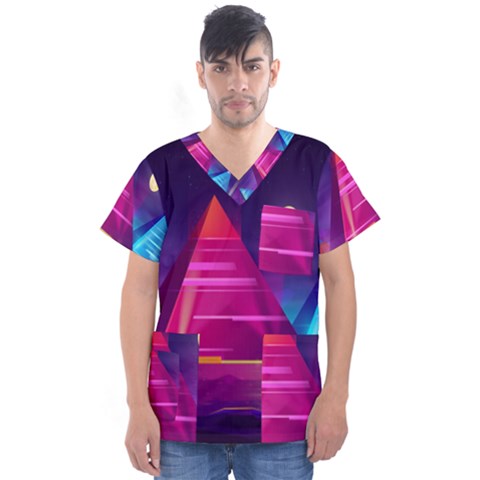 Egyptian Pyramids Night Landscape Cartoon Men s V-neck Scrub Top by Ndabl3x