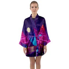 Egyptian Pyramids Night Landscape Cartoon Long Sleeve Satin Kimono by Ndabl3x