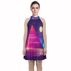 Egyptian Pyramids Night Landscape Cartoon Velvet Halter Neckline Dress 