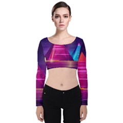 Egyptian Pyramids Night Landscape Cartoon Velvet Long Sleeve Crop Top by Ndabl3x