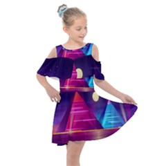 Egyptian Pyramids Night Landscape Cartoon Kids  Shoulder Cutout Chiffon Dress by Ndabl3x