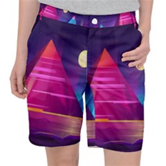 Egyptian Pyramids Night Landscape Cartoon Women s Pocket Shorts by Ndabl3x