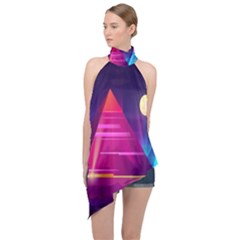 Egyptian Pyramids Night Landscape Cartoon Halter Asymmetric Satin Top by Ndabl3x