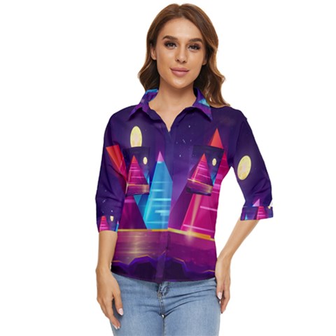 Egyptian Pyramids Night Landscape Cartoon Women s Quarter Sleeve Pocket Shirt by Ndabl3x