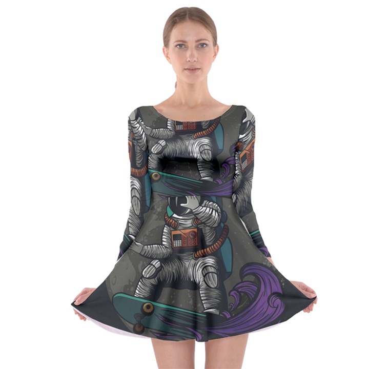 Illustration Astronaut Cosmonaut Paying Skateboard Sport Space With Astronaut Suit Long Sleeve Skater Dress