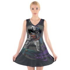 Illustration Astronaut Cosmonaut Paying Skateboard Sport Space With Astronaut Suit V-neck Sleeveless Dress by Ndabl3x