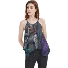 Illustration Astronaut Cosmonaut Paying Skateboard Sport Space With Astronaut Suit Flowy Camisole Tank Top by Ndabl3x