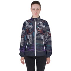 Illustration Astronaut Cosmonaut Paying Skateboard Sport Space With Astronaut Suit Women s High Neck Windbreaker by Ndabl3x