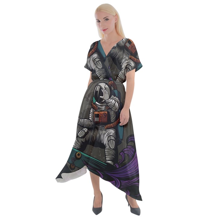 Illustration Astronaut Cosmonaut Paying Skateboard Sport Space With Astronaut Suit Cross Front Sharkbite Hem Maxi Dress