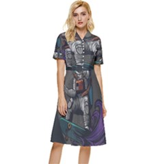 Illustration Astronaut Cosmonaut Paying Skateboard Sport Space With Astronaut Suit Button Top Knee Length Dress by Ndabl3x