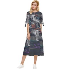 Illustration Astronaut Cosmonaut Paying Skateboard Sport Space With Astronaut Suit Bow Sleeve Chiffon Midi Dress by Ndabl3x