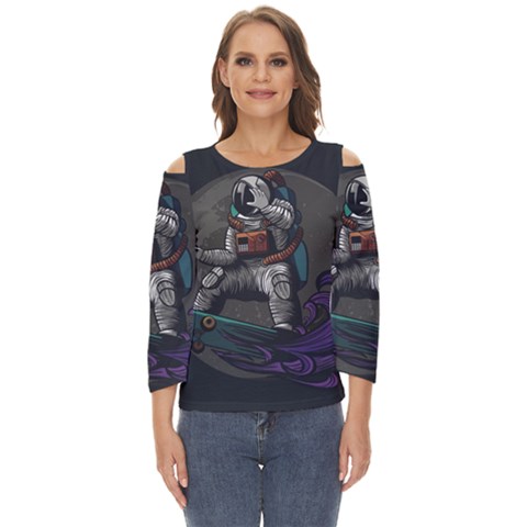 Illustration Astronaut Cosmonaut Paying Skateboard Sport Space With Astronaut Suit Cut Out Wide Sleeve Top by Ndabl3x